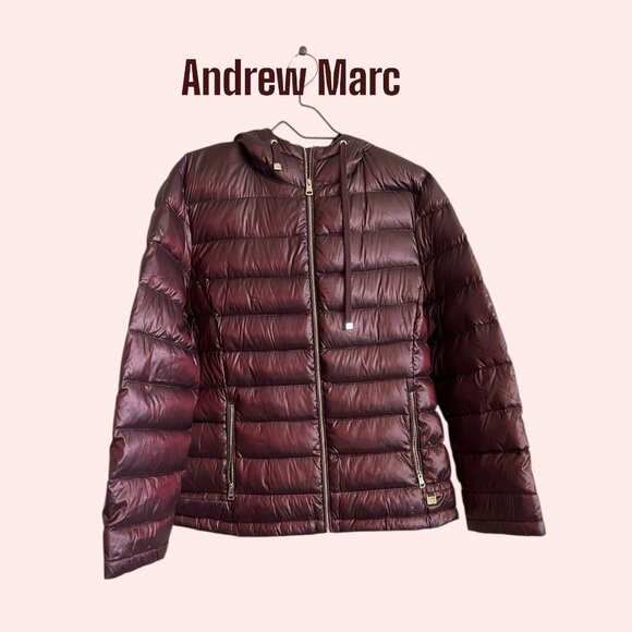 Andrew Marc Women’s XXL Burgundy Down Puffer Jacket Gold Zippers Packable NWT - Picture 1 of 6